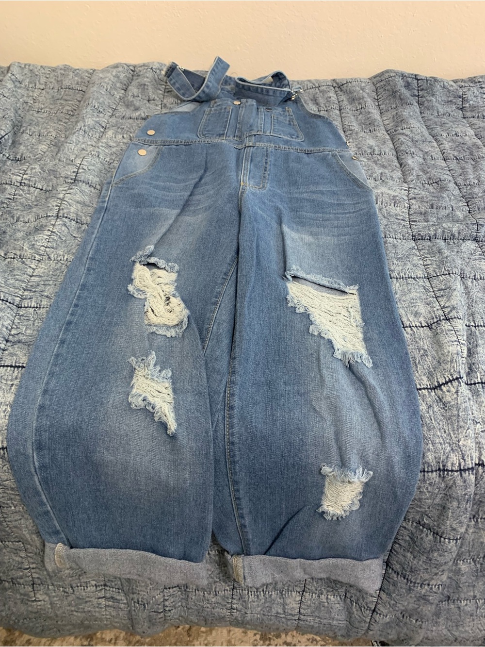 Denim Distressed Wide-Leg Overalls - Blue